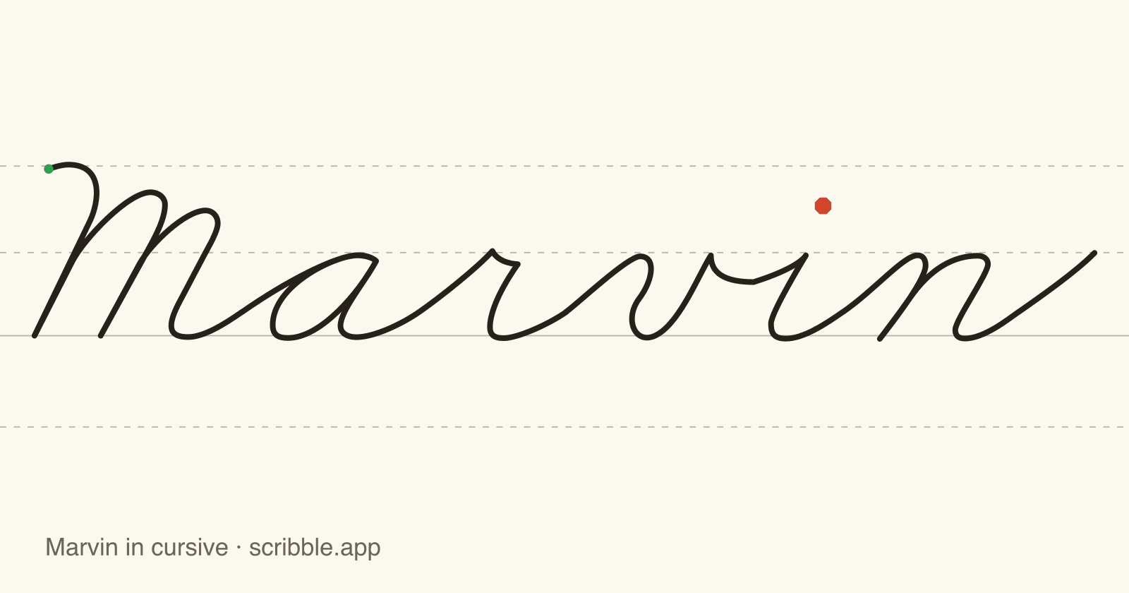 Marvin written in cursive on handwriting guidelines, with a green starting dot and a red stop sign
