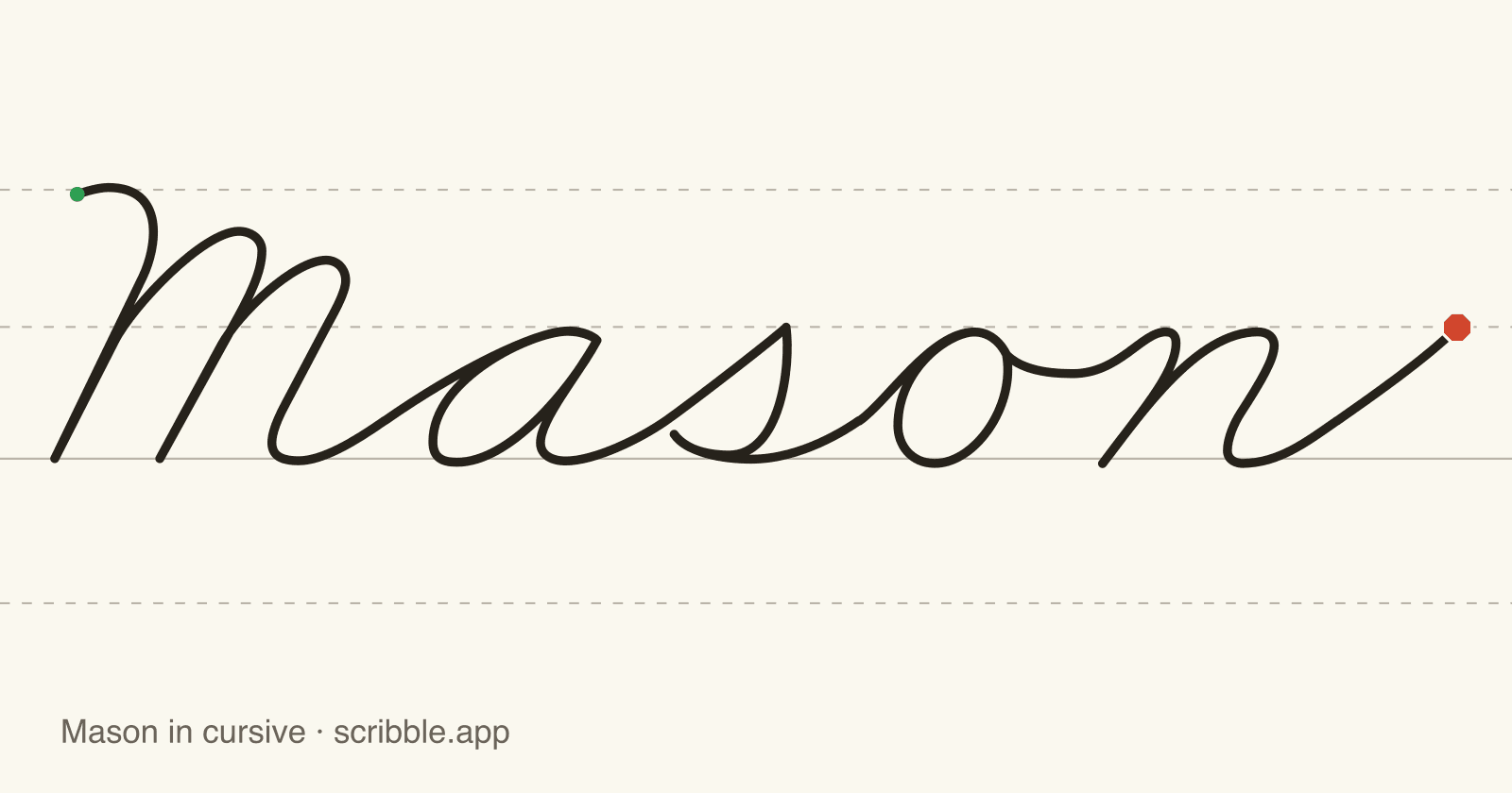 Mason written in cursive on handwriting guidelines, with a green starting dot and a red stop sign
