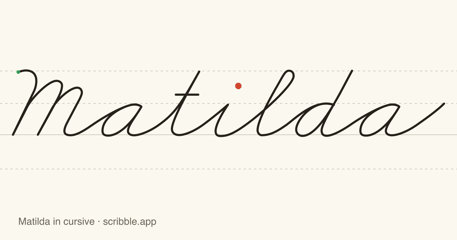 Matilda written in cursive on handwriting guidelines, with a green starting dot and a red stop sign