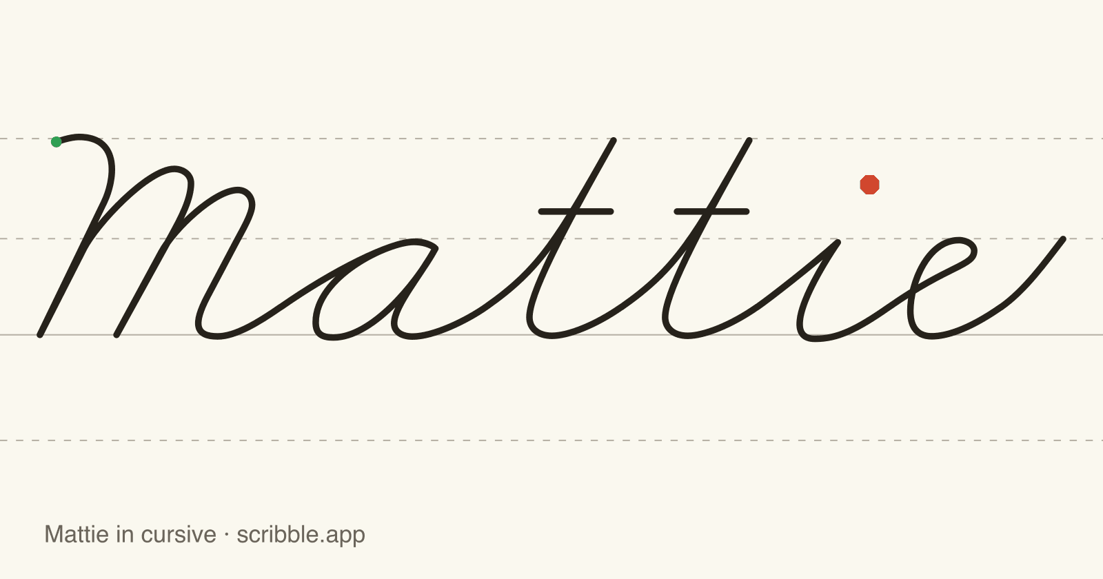 Mattie written in cursive on handwriting guidelines, with a green starting dot and a red stop sign