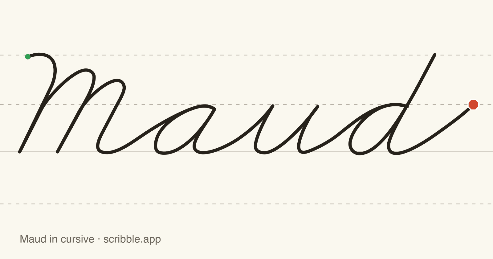 Maud written in cursive on handwriting guidelines, with a green starting dot and a red stop sign