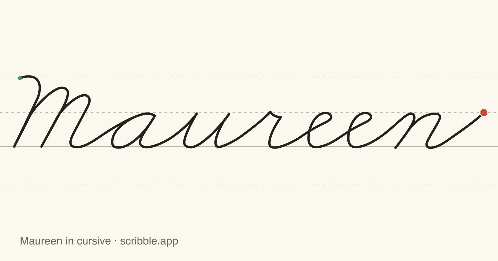 Maureen written in cursive on handwriting guidelines, with a green starting dot and a red stop sign