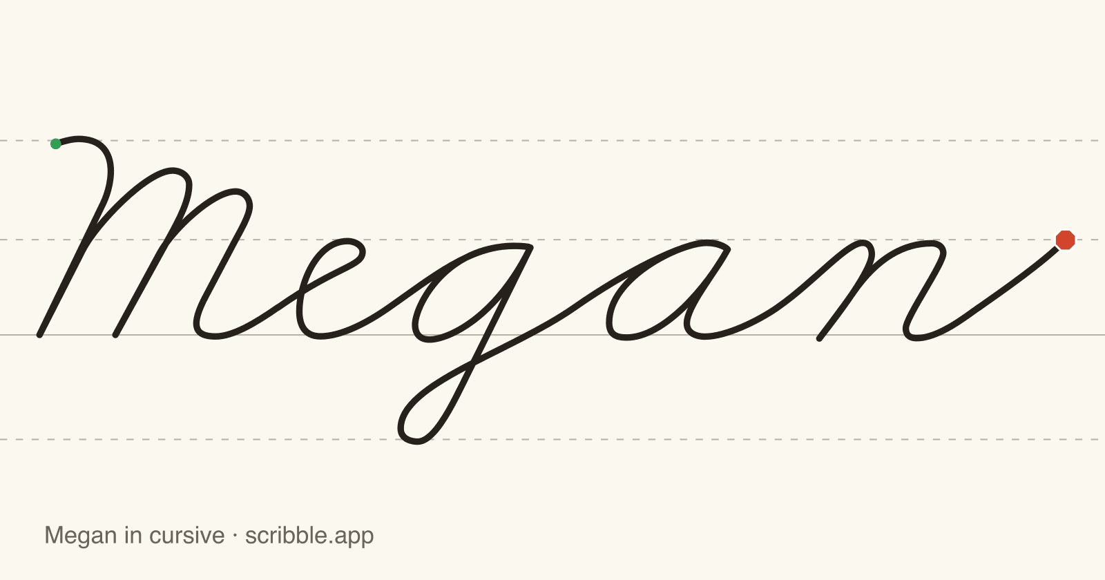 Megan written in cursive on handwriting guidelines, with a green starting dot and a red stop sign