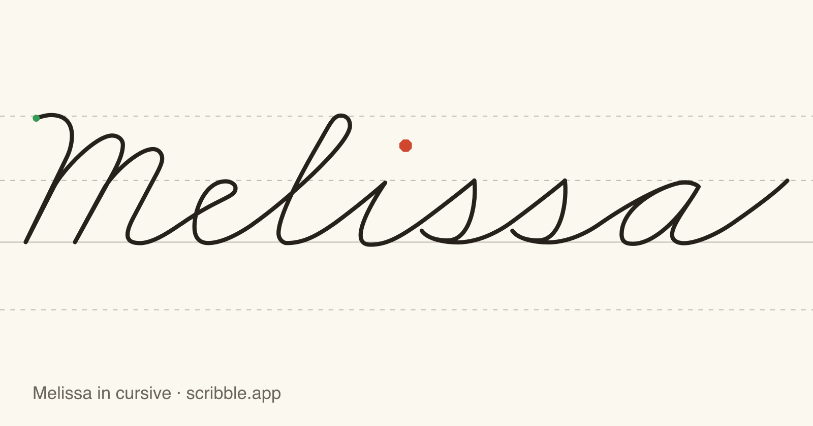 Melissa written in cursive on handwriting guidelines, with a green starting dot and a red stop sign