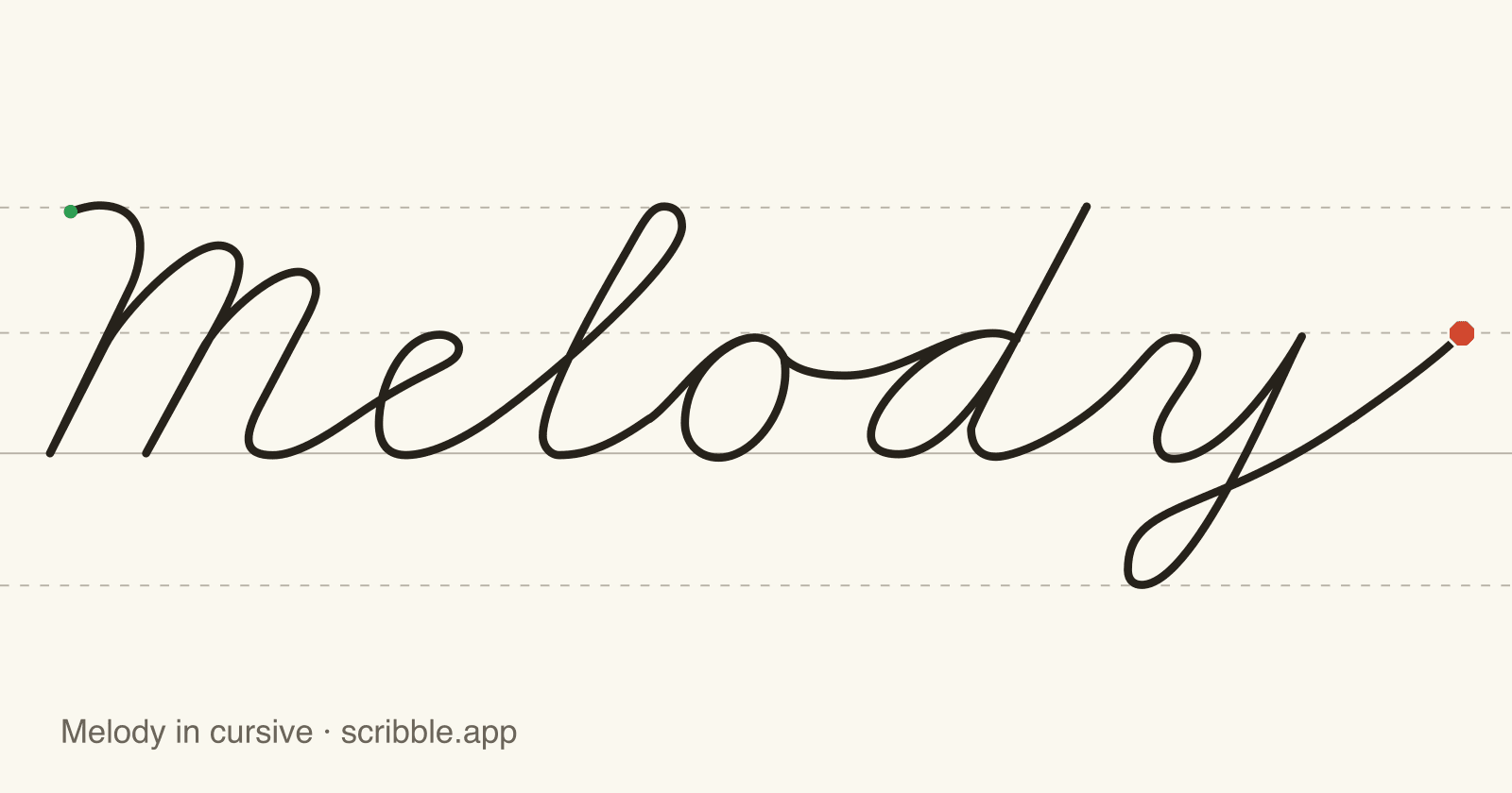 Melody written in cursive on handwriting guidelines, with a green starting dot and a red stop sign