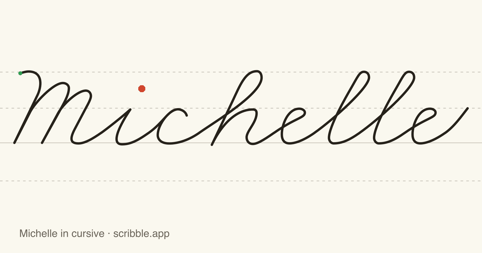 Michelle written in cursive on handwriting guidelines, with a green starting dot and a red stop sign