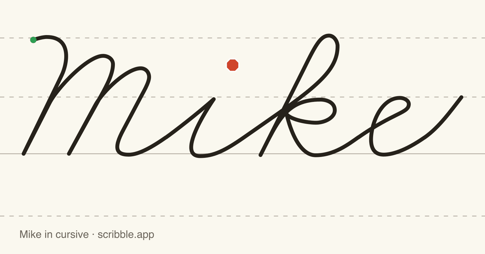 Mike written in cursive on handwriting guidelines, with a green starting dot and a red stop sign