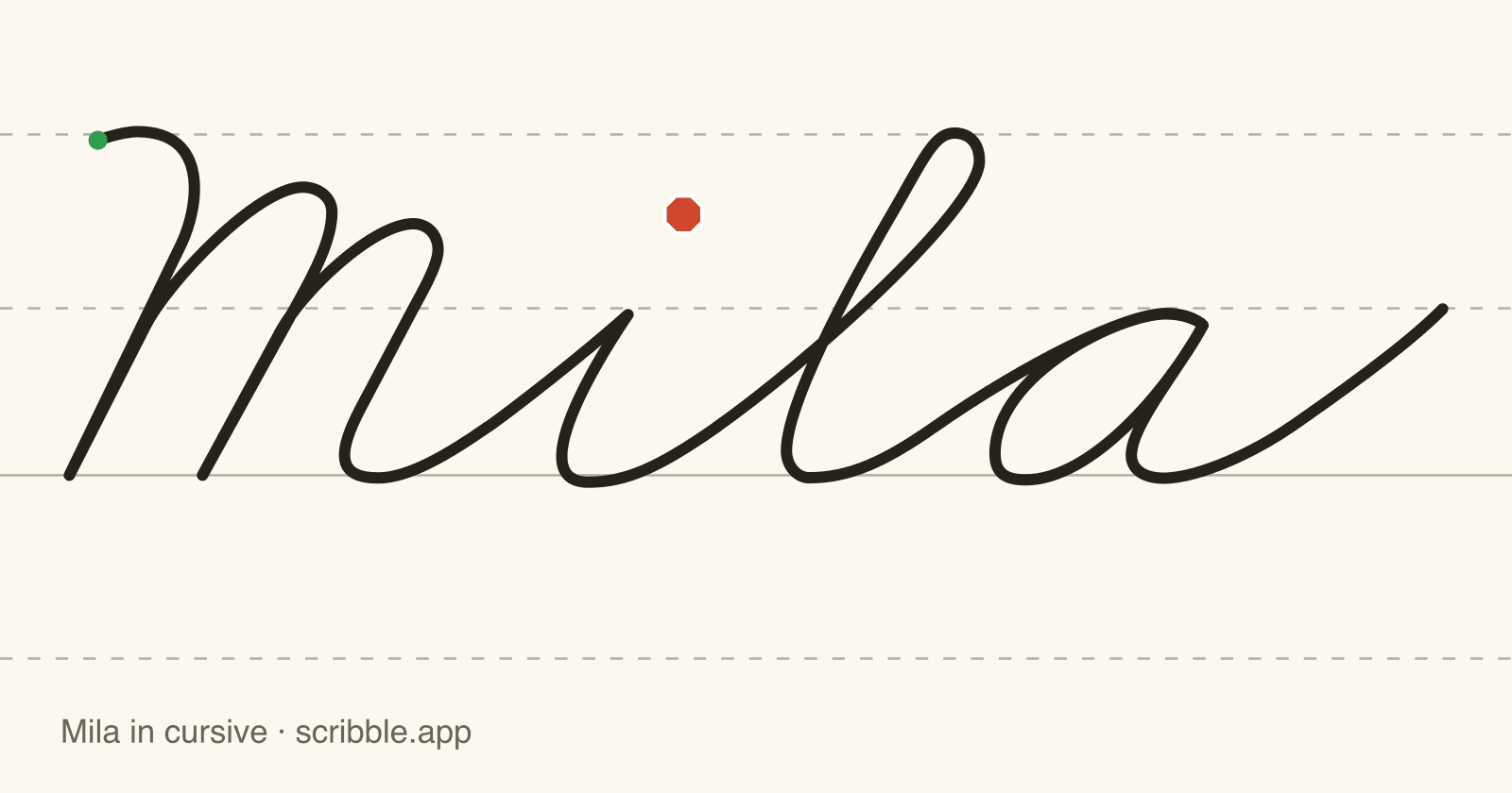 Mila written in cursive on handwriting guidelines, with a green starting dot and a red stop sign