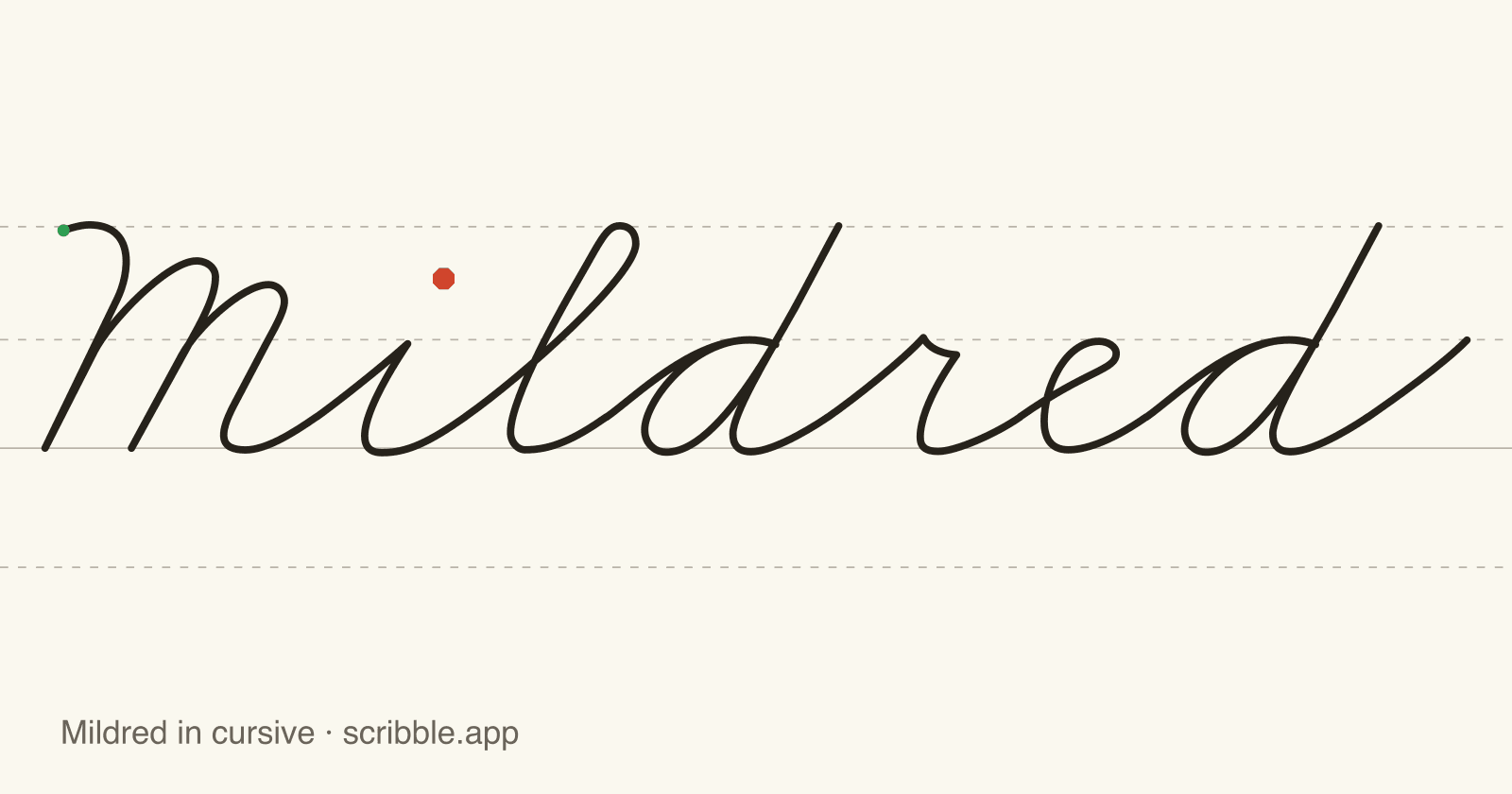 Mildred written in cursive on handwriting guidelines, with a green starting dot and a red stop sign