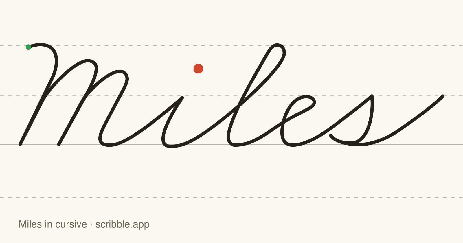 Miles written in cursive on handwriting guidelines, with a green starting dot and a red stop sign