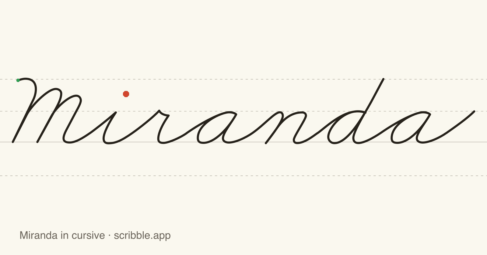 Miranda written in cursive on handwriting guidelines, with a green starting dot and a red stop sign
