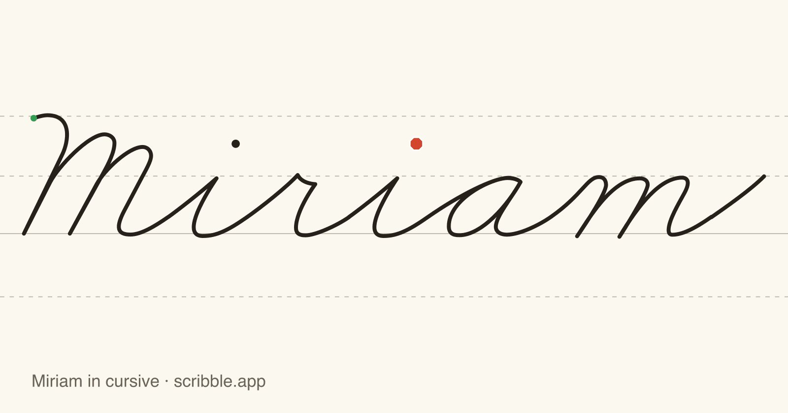 Miriam written in cursive on handwriting guidelines, with a green starting dot and a red stop sign
