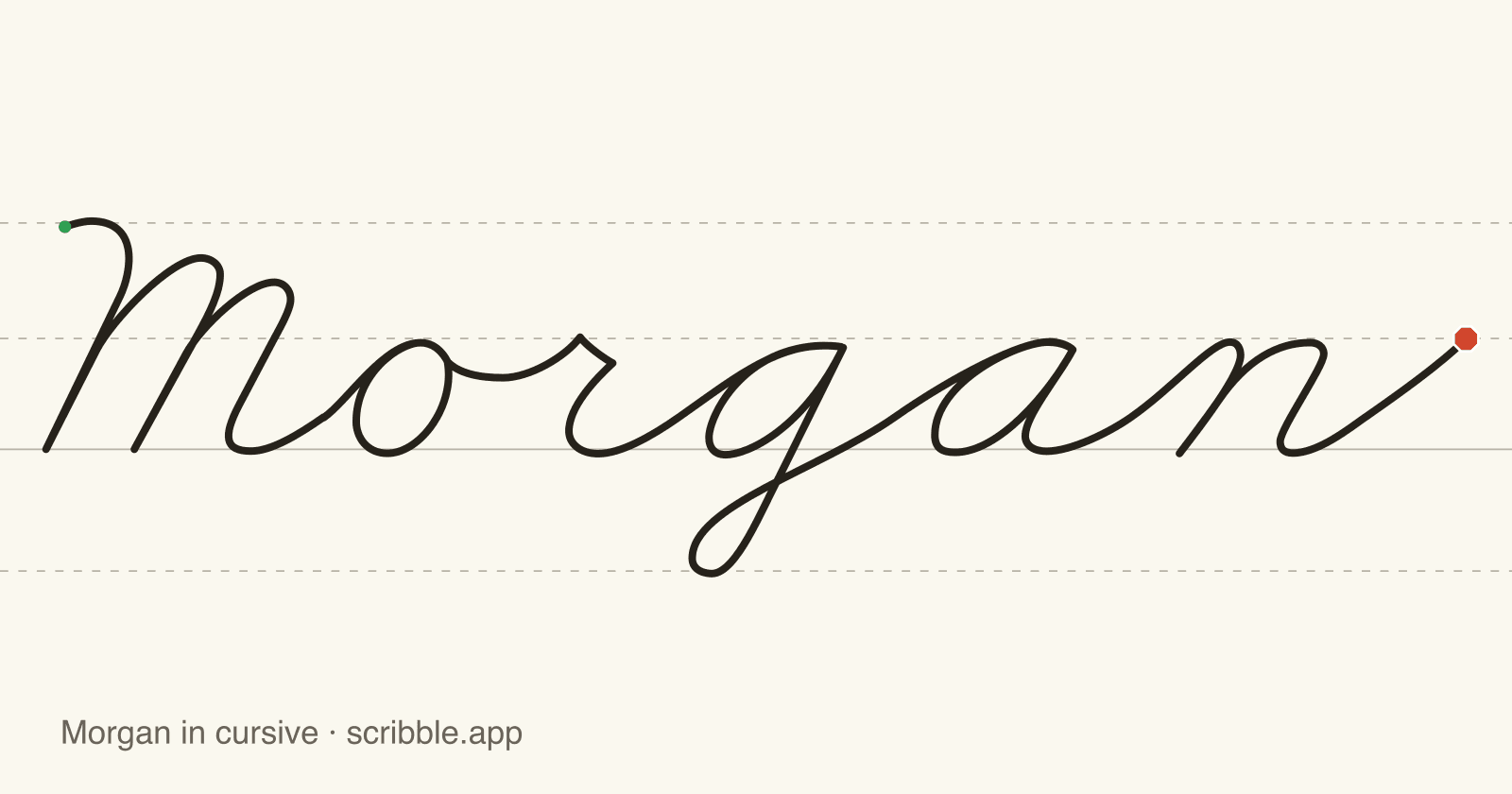Morgan written in cursive on handwriting guidelines, with a green starting dot and a red stop sign