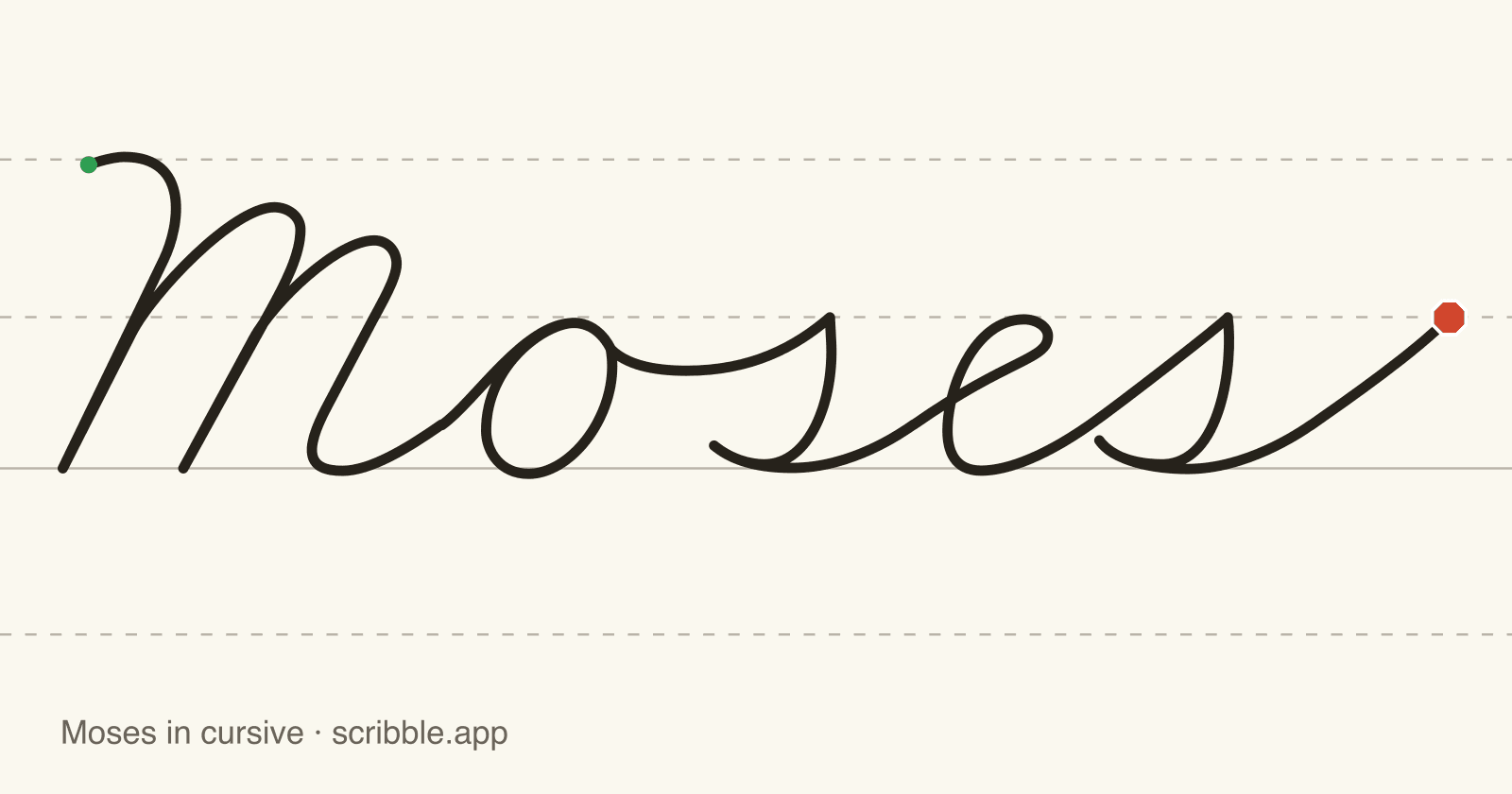 Moses written in cursive on handwriting guidelines, with a green starting dot and a red stop sign