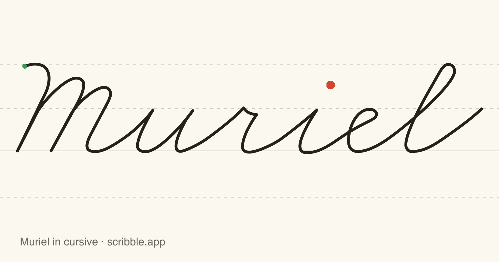 Muriel written in cursive on handwriting guidelines, with a green starting dot and a red stop sign