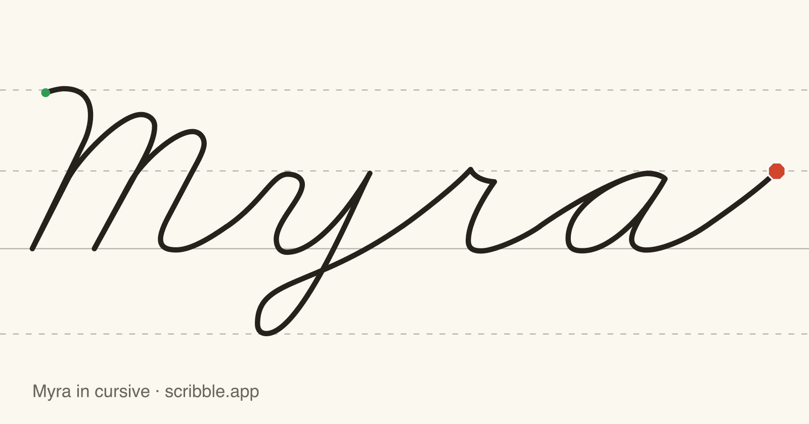 Myra written in cursive on handwriting guidelines, with a green starting dot and a red stop sign
