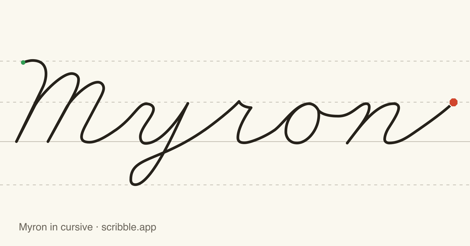 Myron written in cursive on handwriting guidelines, with a green starting dot and a red stop sign