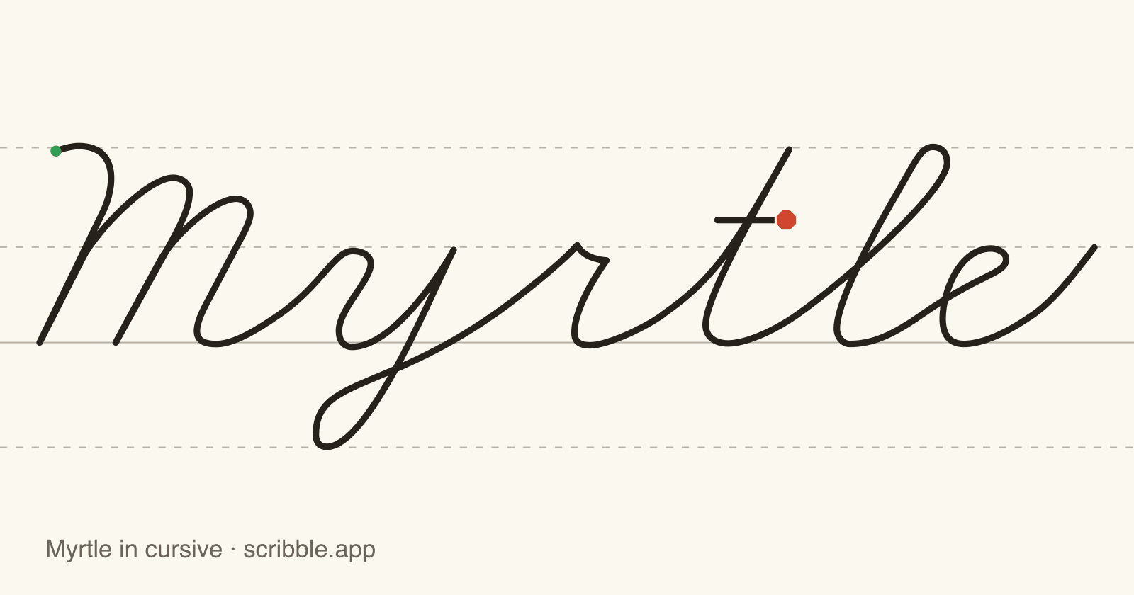 Myrtle written in cursive on handwriting guidelines, with a green starting dot and a red stop sign