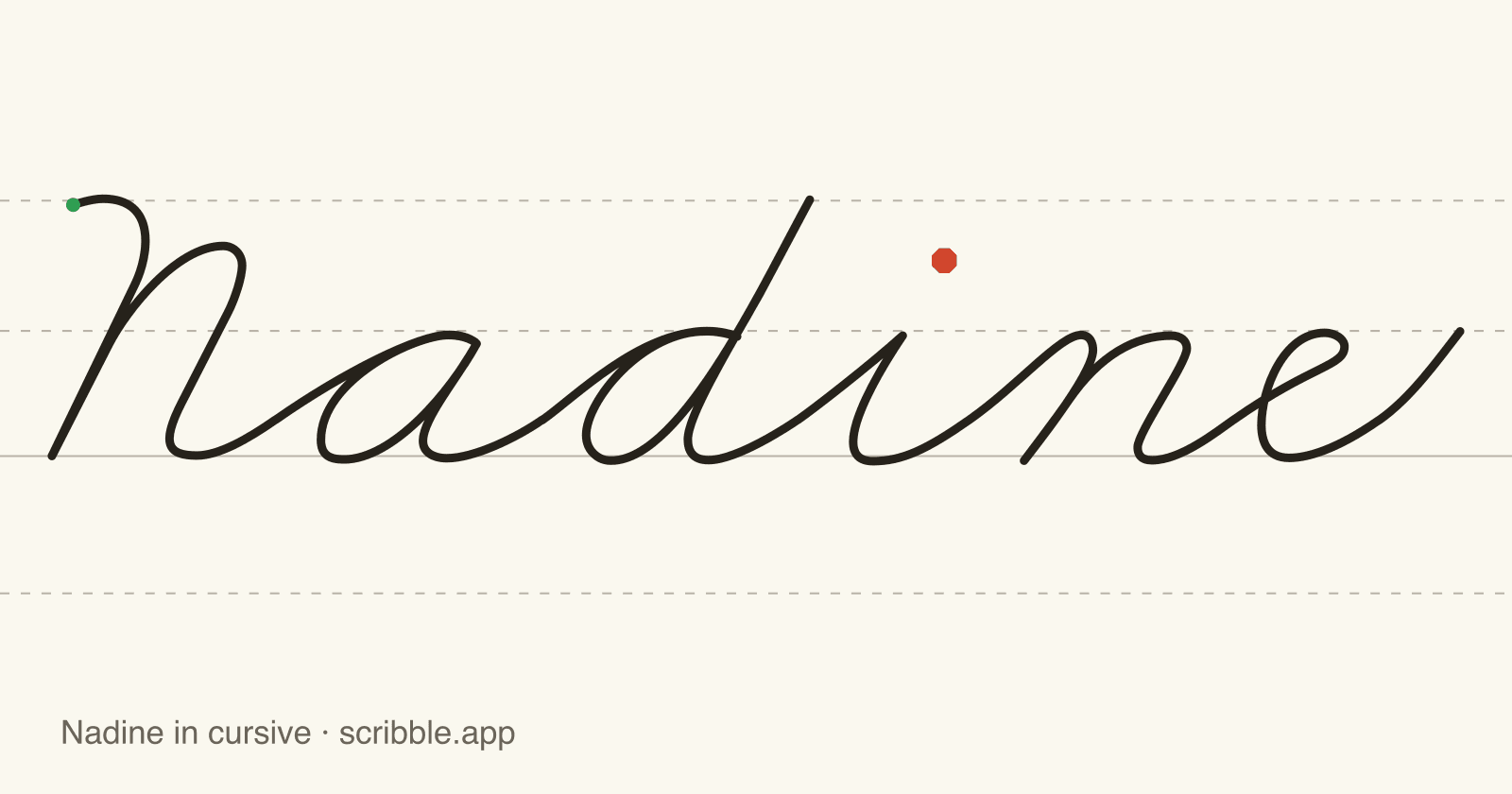 Nadine written in cursive on handwriting guidelines, with a green starting dot and a red stop sign