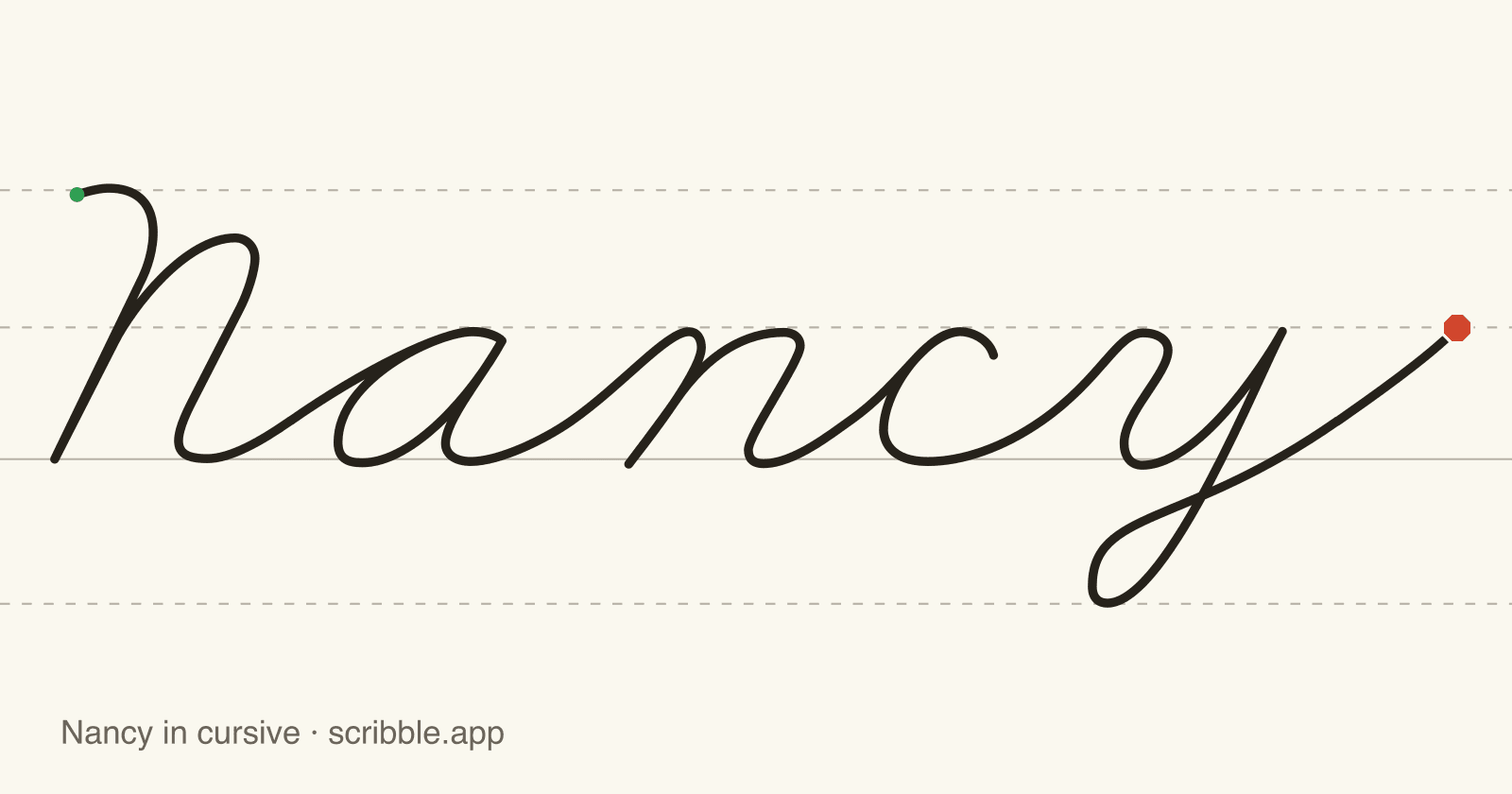 Nancy written in cursive on handwriting guidelines, with a green starting dot and a red stop sign