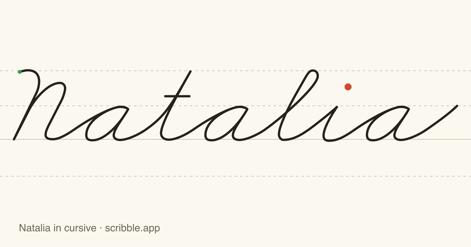 Natalia written in cursive on handwriting guidelines, with a green starting dot and a red stop sign