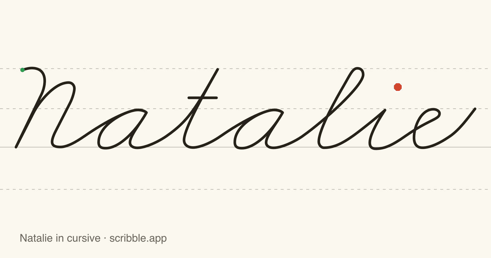 Natalie written in cursive on handwriting guidelines, with a green starting dot and a red stop sign