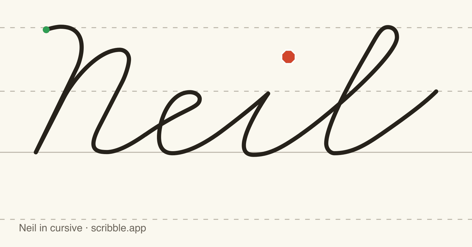 Neil written in cursive on handwriting guidelines, with a green starting dot and a red stop sign