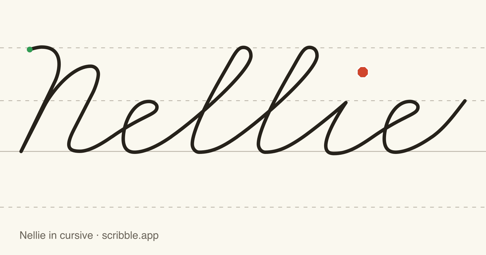 Nellie written in cursive on handwriting guidelines, with a green starting dot and a red stop sign