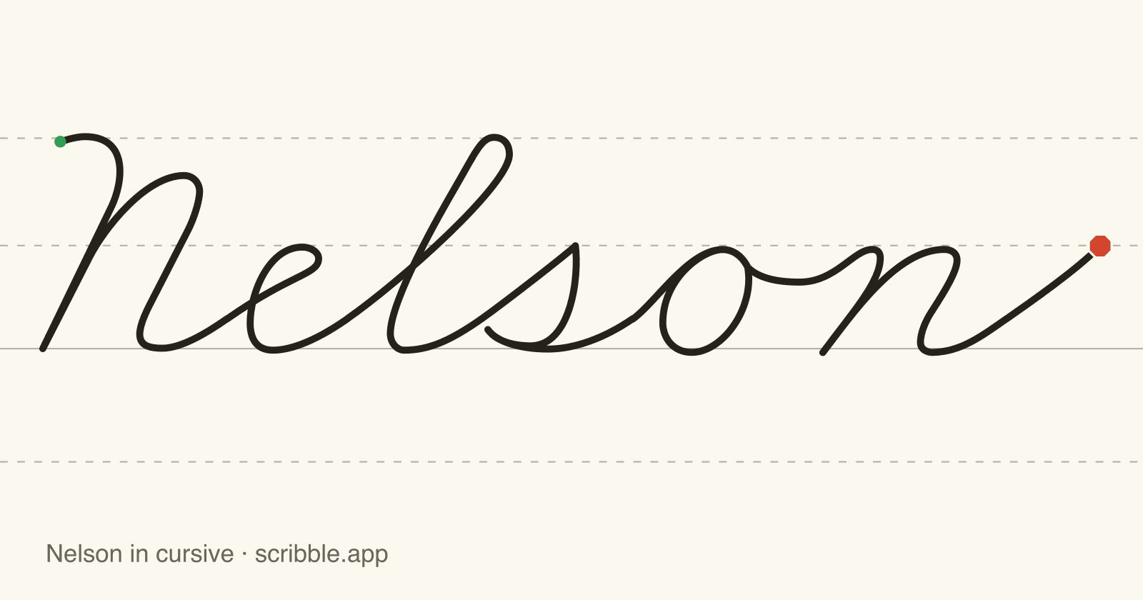 Nelson written in cursive on handwriting guidelines, with a green starting dot and a red stop sign
