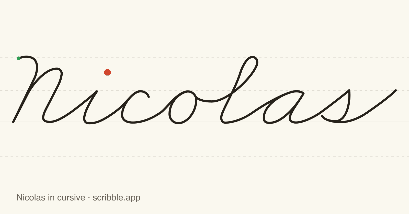 Nicolas written in cursive on handwriting guidelines, with a green starting dot and a red stop sign