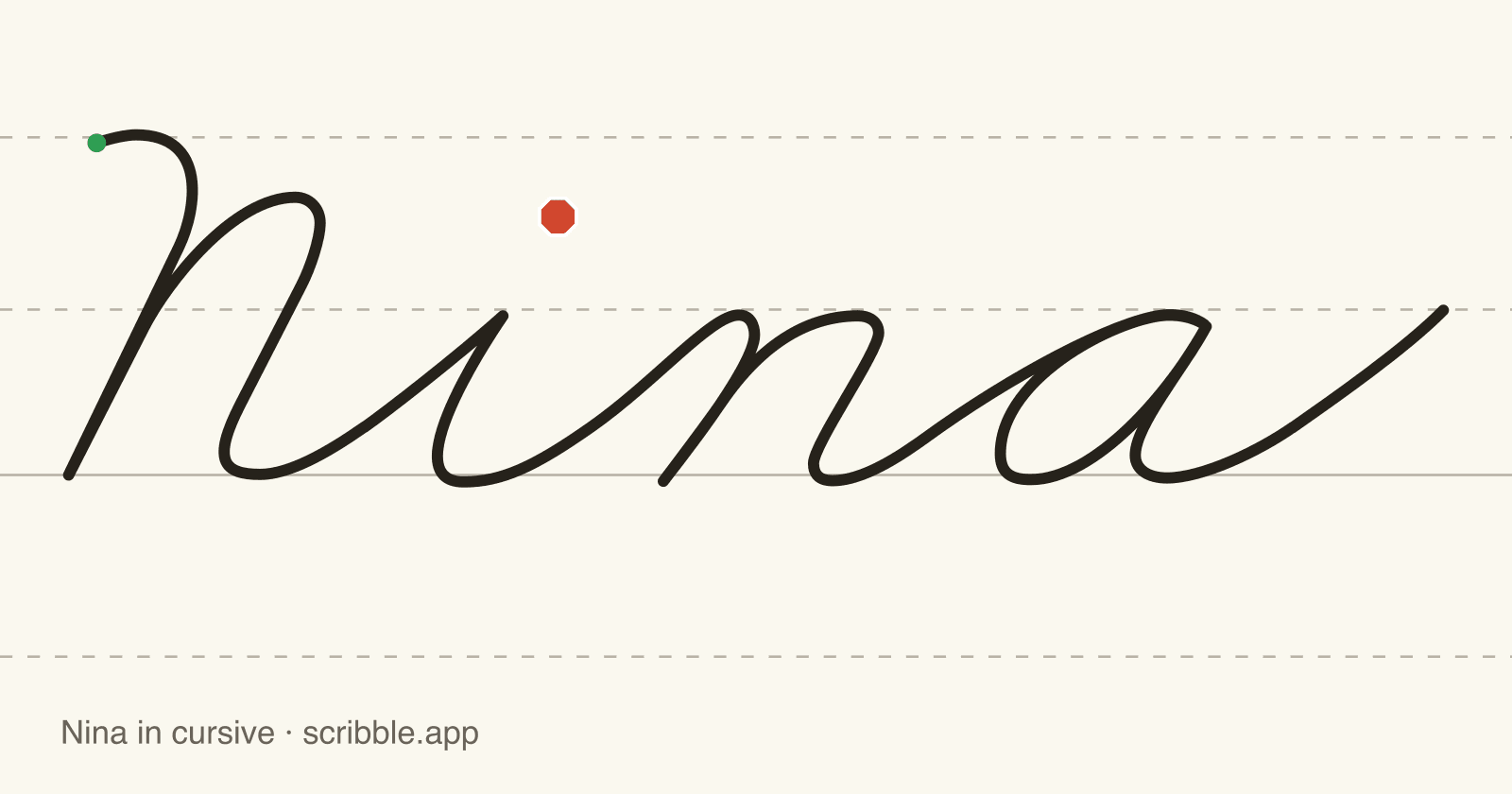 Nina written in cursive on handwriting guidelines, with a green starting dot and a red stop sign