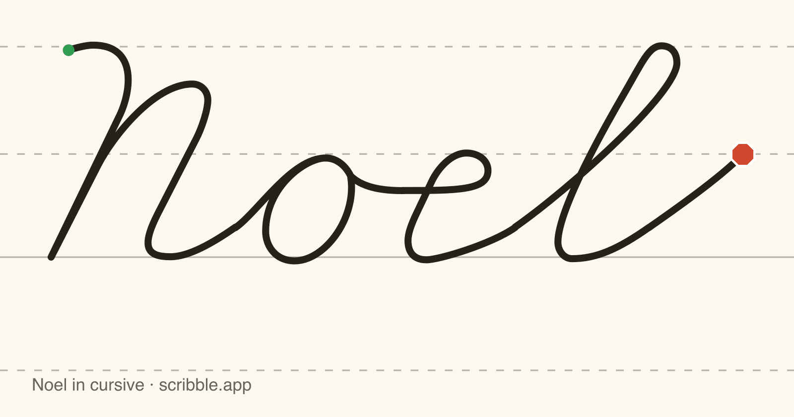 Noel written in cursive on handwriting guidelines, with a green starting dot and a red stop sign