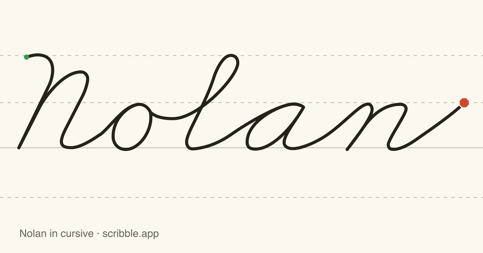 Nolan written in cursive on handwriting guidelines, with a green starting dot and a red stop sign