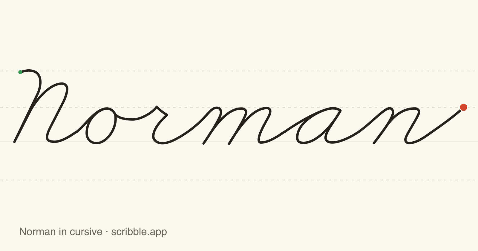 Norman written in cursive on handwriting guidelines, with a green starting dot and a red stop sign