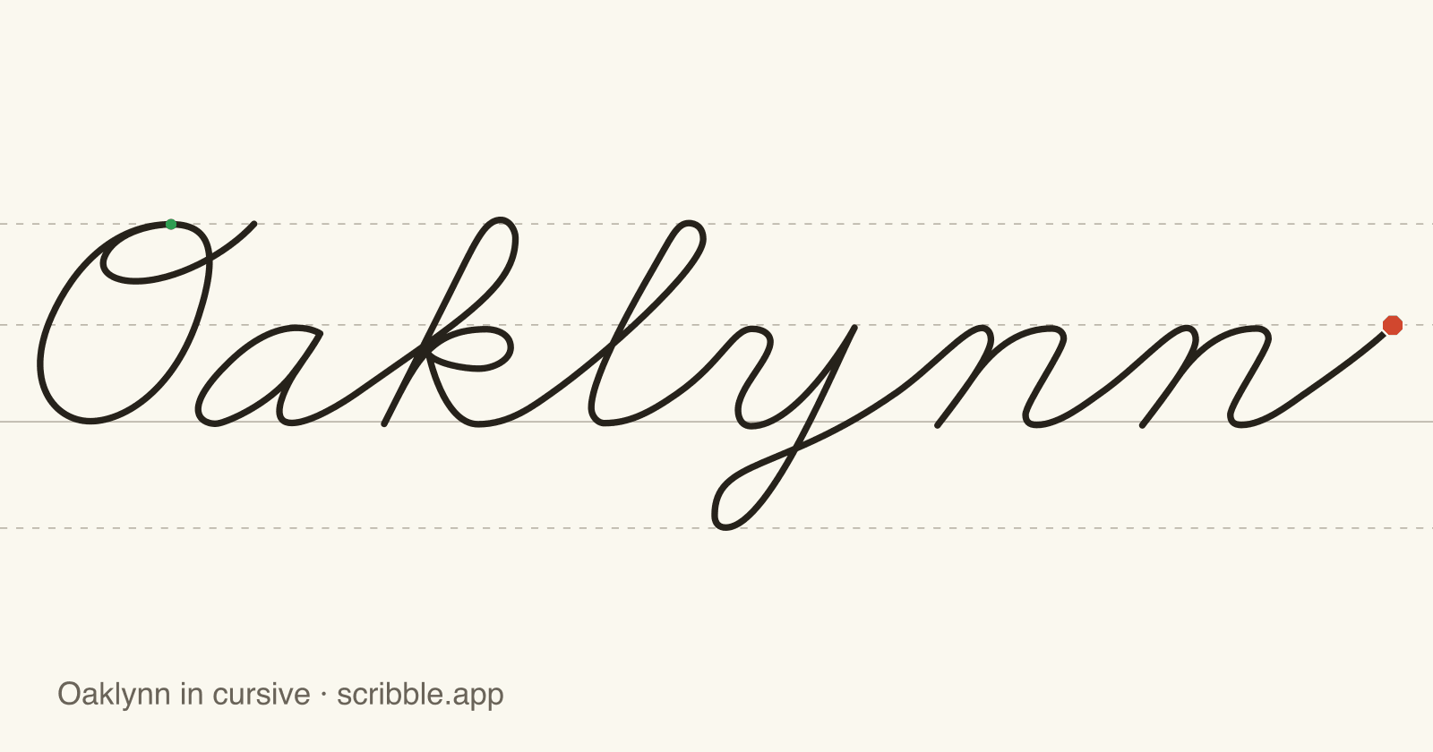 Oaklynn written in cursive on handwriting guidelines, with a green starting dot and a red stop sign