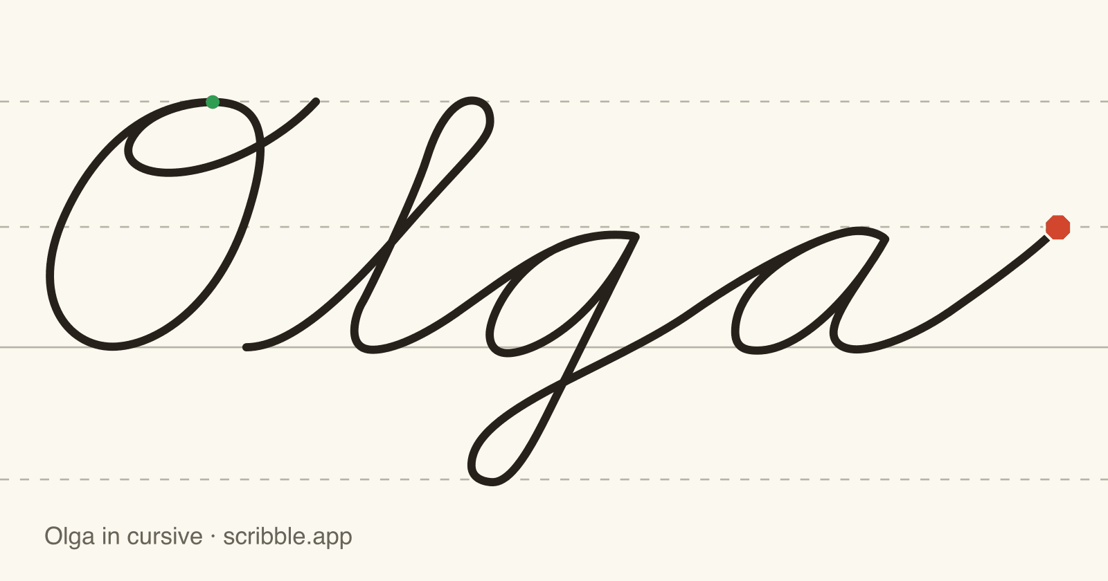 Olga written in cursive on handwriting guidelines, with a green starting dot and a red stop sign