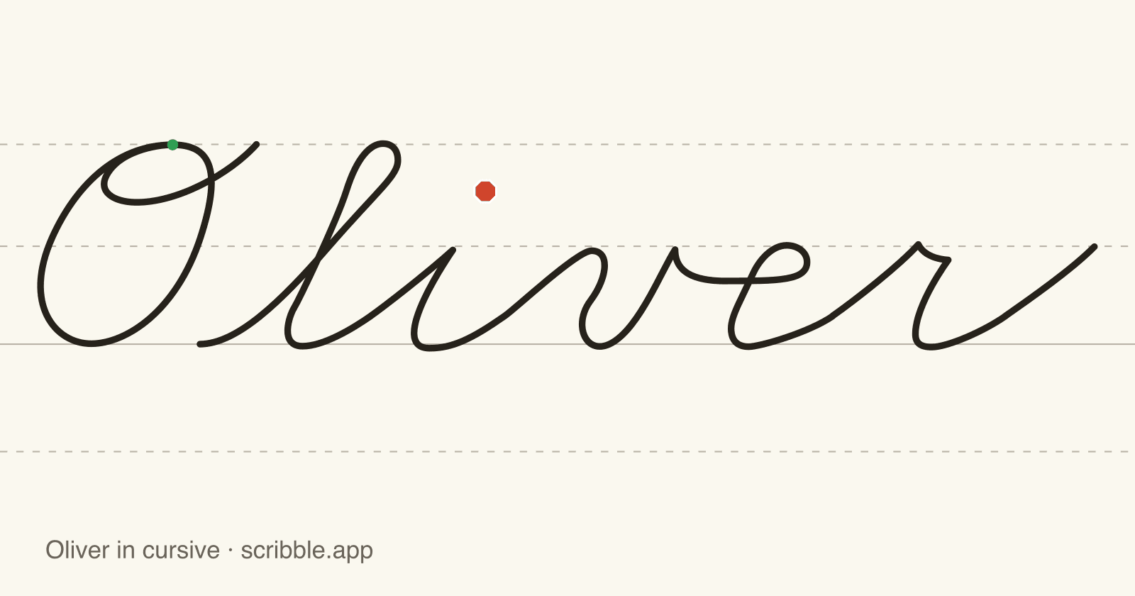 Oliver written in cursive on handwriting guidelines, with a green starting dot and a red stop sign