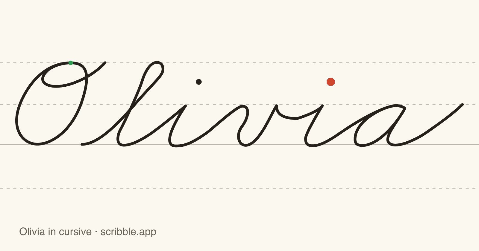 Olivia written in cursive on handwriting guidelines, with a green starting dot and a red stop sign