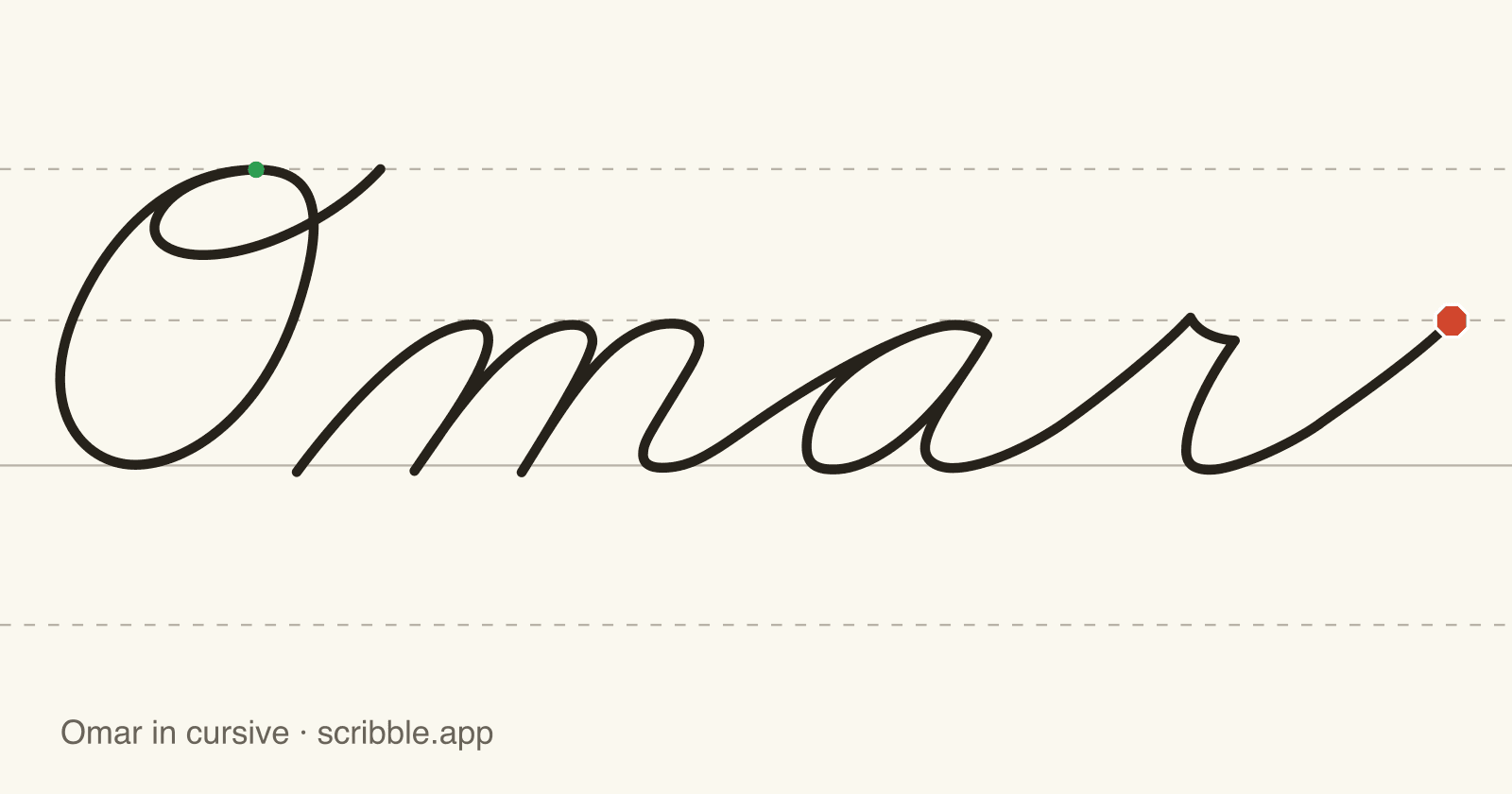 Omar written in cursive on handwriting guidelines, with a green starting dot and a red stop sign