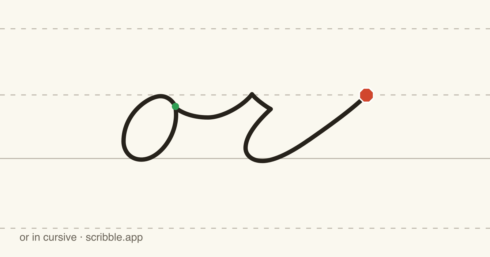 or written in cursive on handwriting guidelines, with a green starting dot and a red stop sign