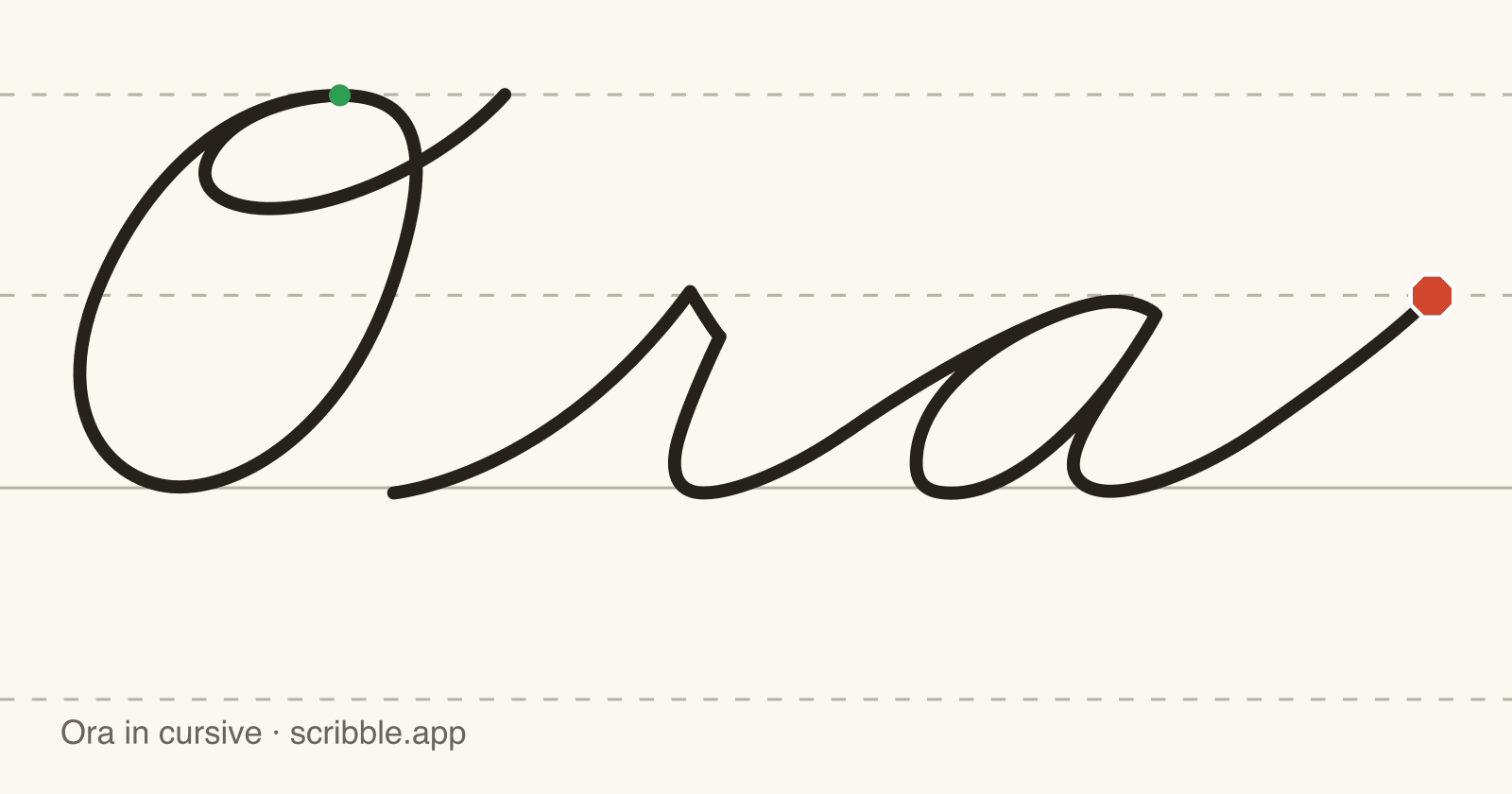 Ora written in cursive on handwriting guidelines, with a green starting dot and a red stop sign