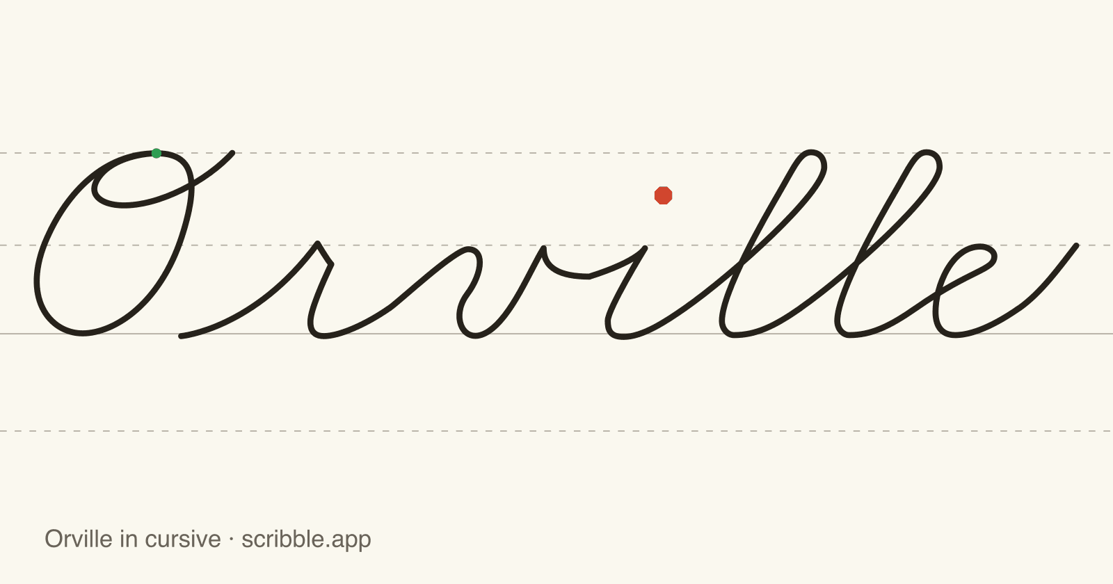 Orville written in cursive on handwriting guidelines, with a green starting dot and a red stop sign