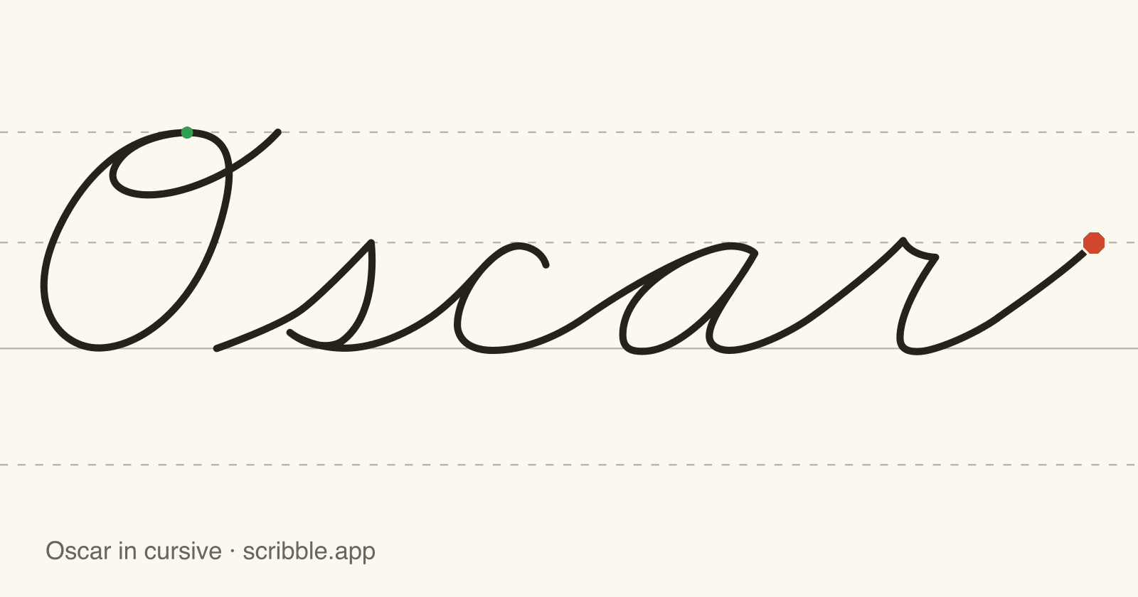 Oscar written in cursive on handwriting guidelines, with a green starting dot and a red stop sign