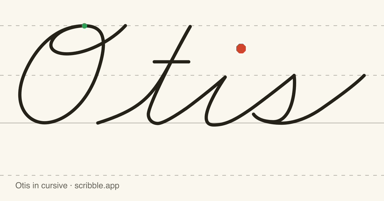 Otis written in cursive on handwriting guidelines, with a green starting dot and a red stop sign