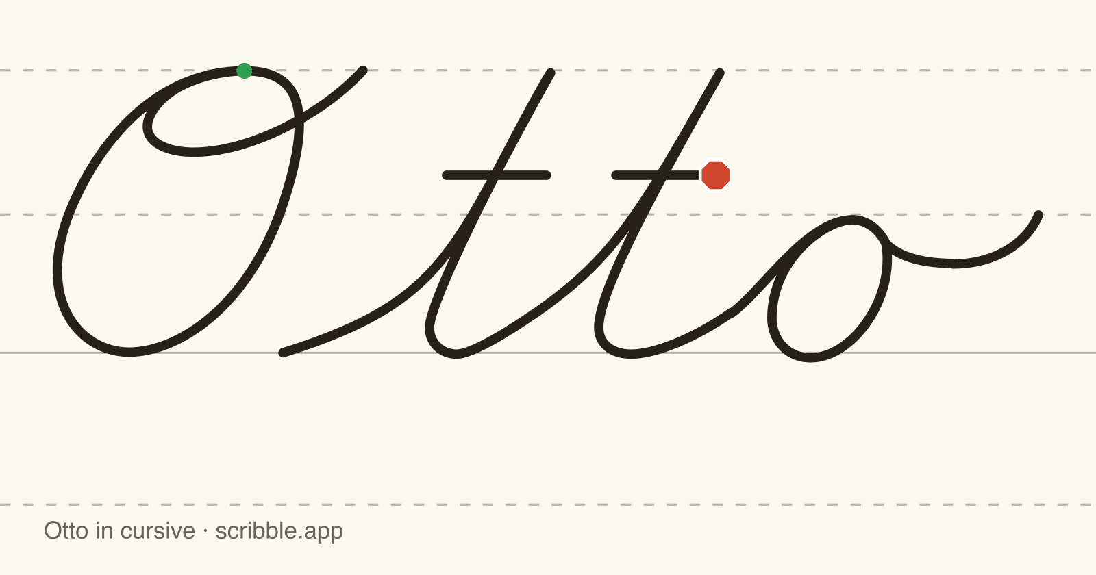 Otto written in cursive on handwriting guidelines, with a green starting dot and a red stop sign
