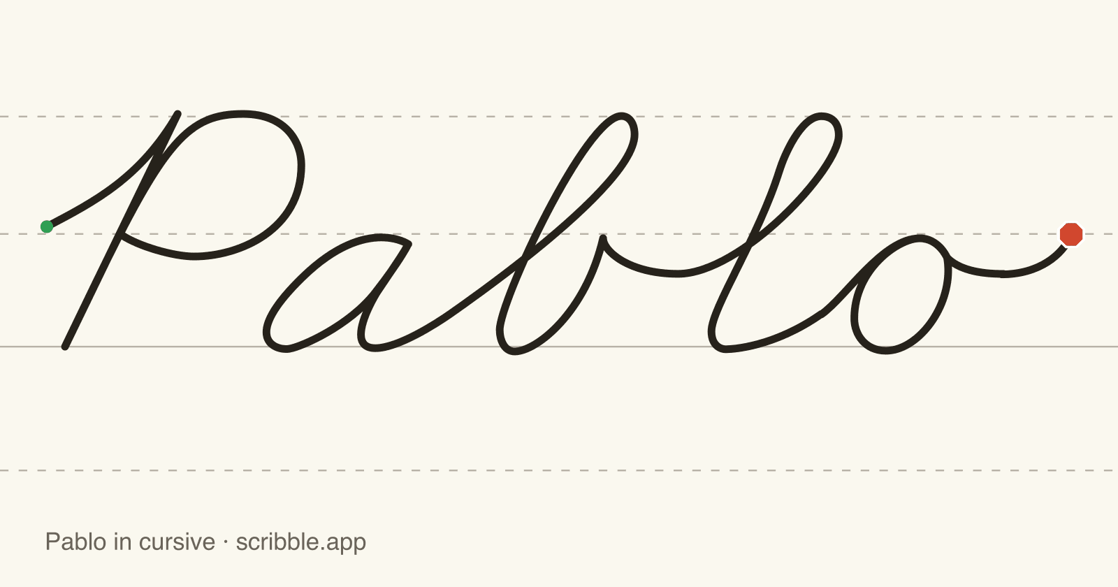 Pablo written in cursive on handwriting guidelines, with a green starting dot and a red stop sign