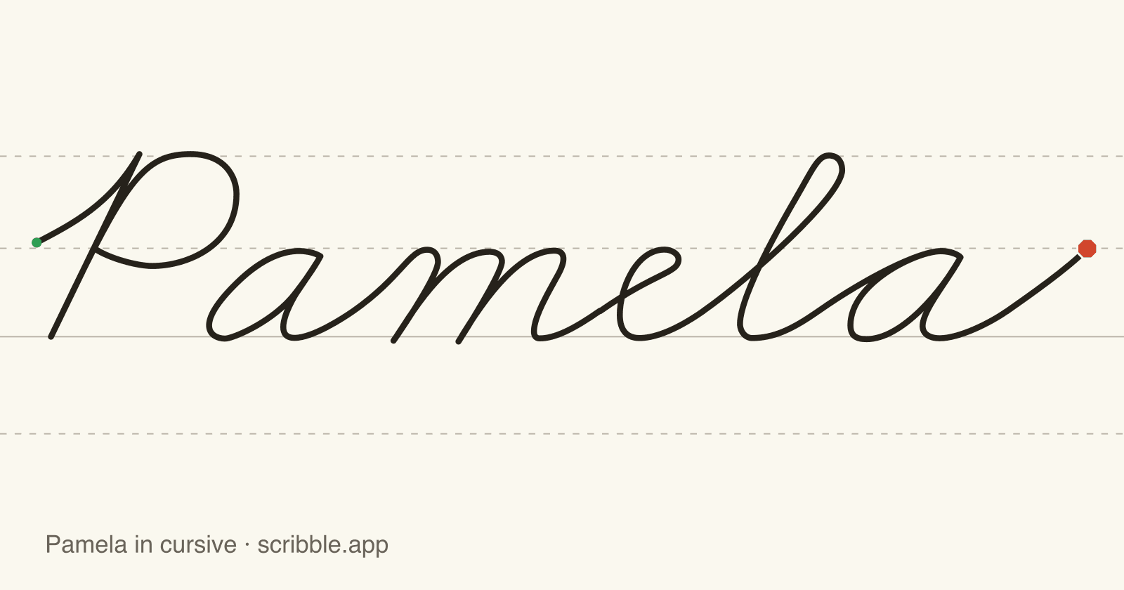 Pamela written in cursive on handwriting guidelines, with a green starting dot and a red stop sign