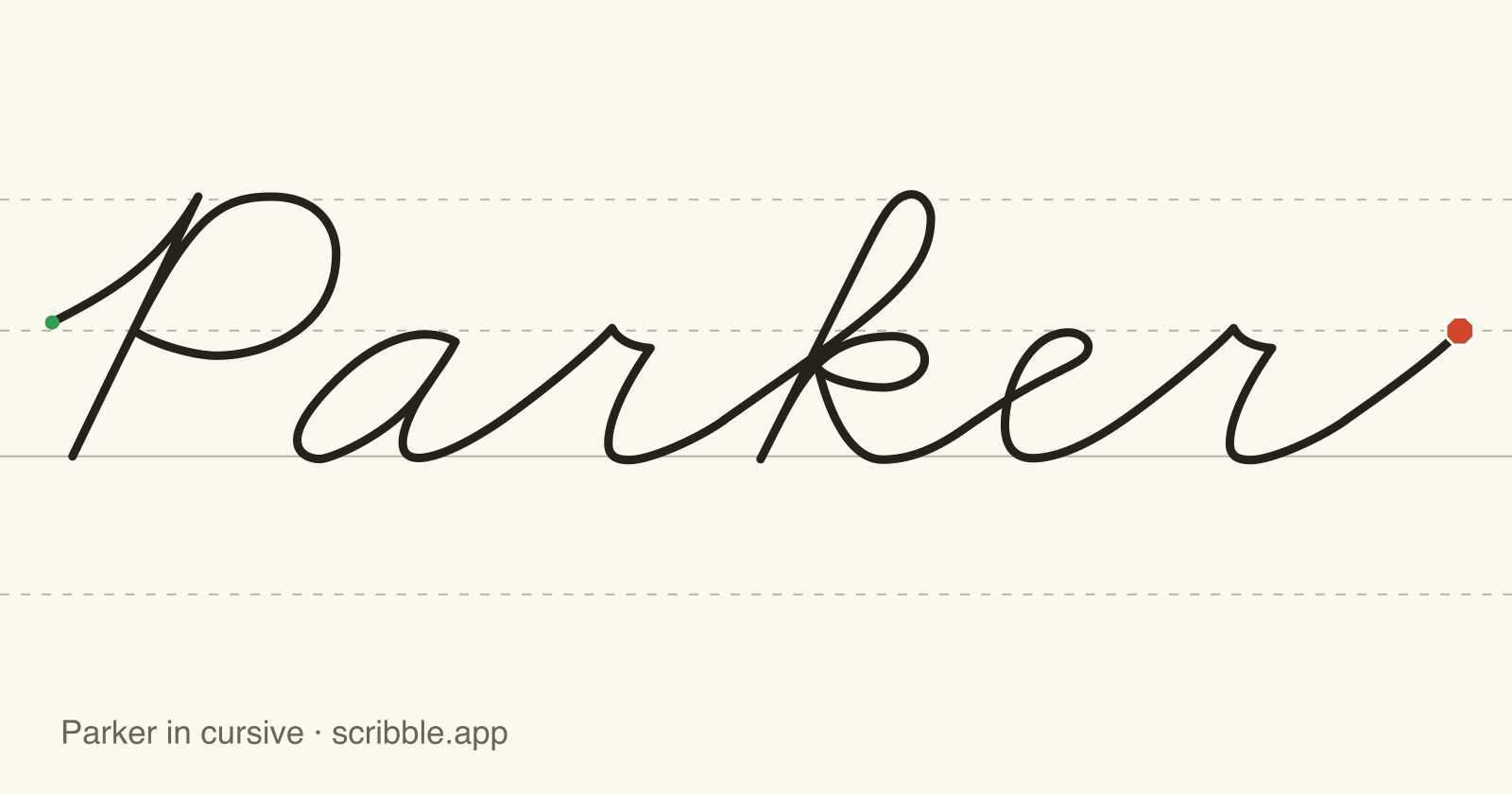 Parker written in cursive on handwriting guidelines, with a green starting dot and a red stop sign
