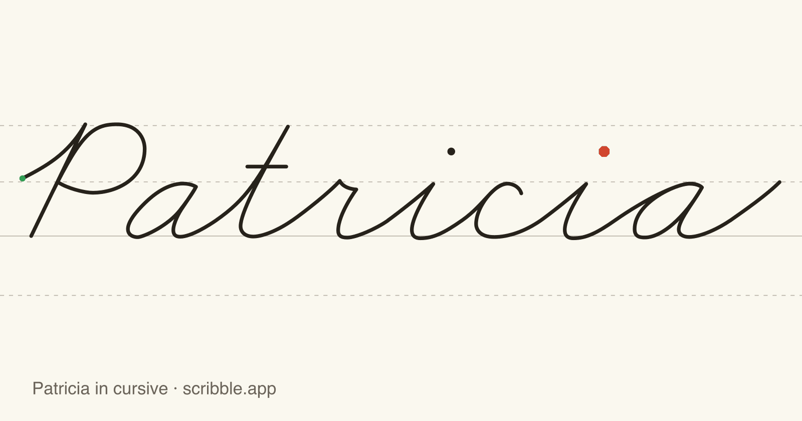 Patricia written in cursive on handwriting guidelines, with a green starting dot and a red stop sign