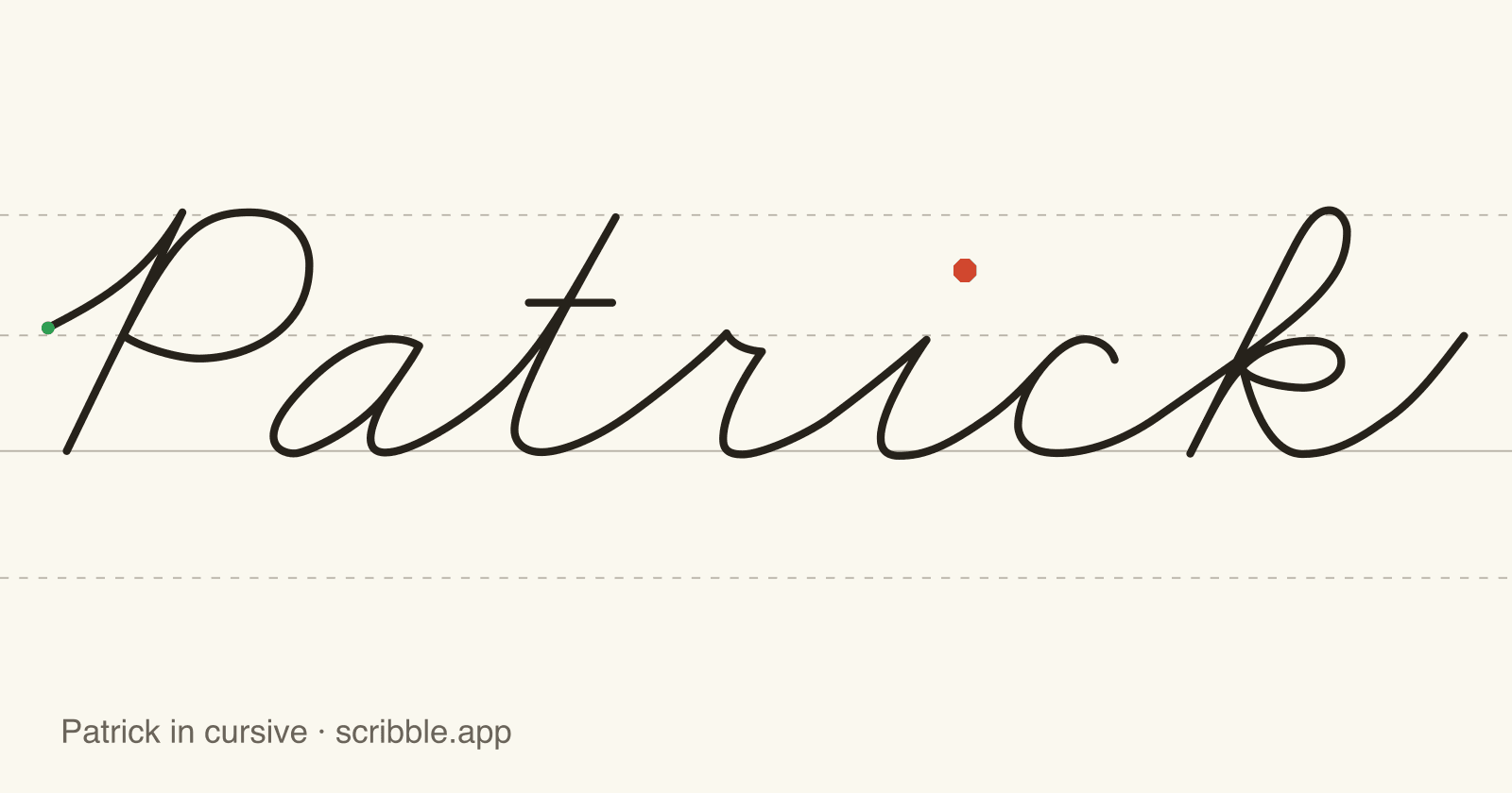 Patrick written in cursive on handwriting guidelines, with a green starting dot and a red stop sign